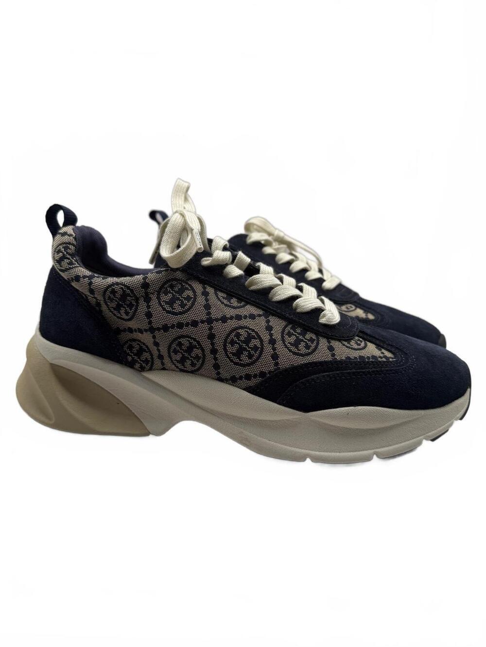 Tory Burch Navy Monogram Good Luck Trainer Jacquard and Suede Sneakers Size 10.5